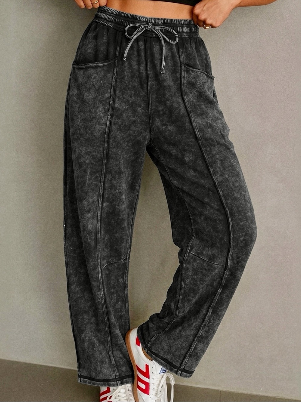 ♥️Mineral Wash Raw Seam Drawstring Elastic Waist Barrel Cotton Pants